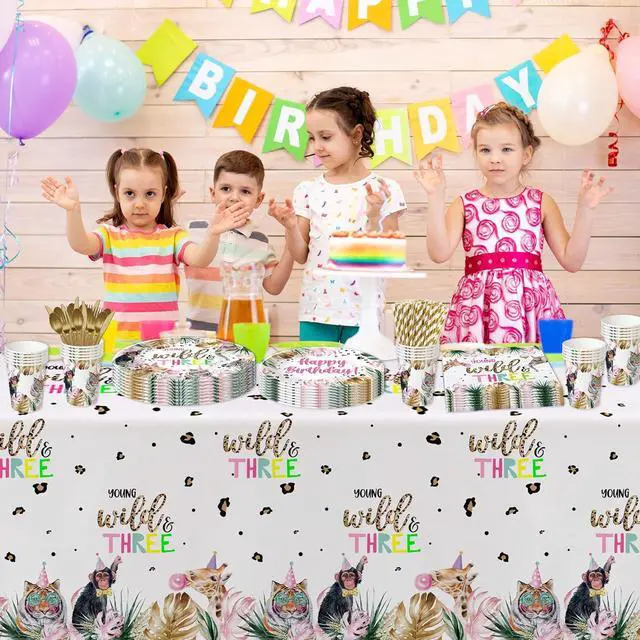 Alt view image 6 of 7 - APOWBLS Young Wild And Three Decorations Girl Dinnerware, Safari 3rd Birthday Party Supplies, Plate, Cup, Napkin, Tablecloth, Cutlery, Straw, Animal Jungle 3 Year Old Birthday Decorations | Serves 24