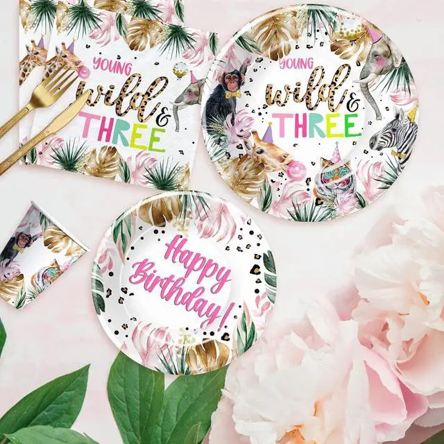 Alt view image 7 of 7 - APOWBLS Young Wild And Three Decorations Girl Dinnerware, Safari 3rd Birthday Party Supplies, Plate, Cup, Napkin, Tablecloth, Cutlery, Straw, Animal Jungle 3 Year Old Birthday Decorations | Serves 24