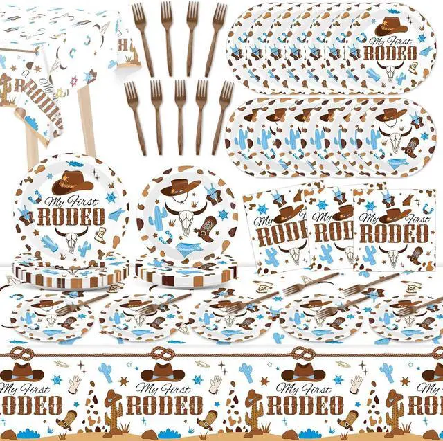 Main image of gisgfim 24 Guests My First Rodeo Plates and Napkins First Rodeo Paper Plates Birthday Party Supplies Western Blue Cowboy 1st Rodeo Party Birthday Tableware Set Decorations for Boy Baby Shower 98PCS
