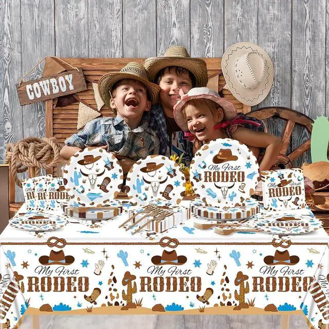 Alt view image 5 of 7 - gisgfim 24 Guests My First Rodeo Plates and Napkins First Rodeo Paper Plates Birthday Party Supplies Western Blue Cowboy 1st Rodeo Party Birthday Tableware Set Decorations for Boy Baby Shower 98PCS