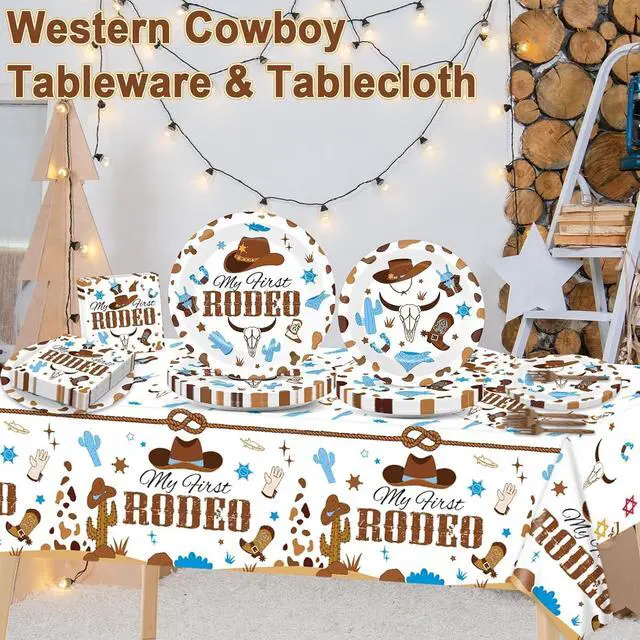 Alt view image 6 of 7 - gisgfim 24 Guests My First Rodeo Plates and Napkins First Rodeo Paper Plates Birthday Party Supplies Western Blue Cowboy 1st Rodeo Party Birthday Tableware Set Decorations for Boy Baby Shower 98PCS