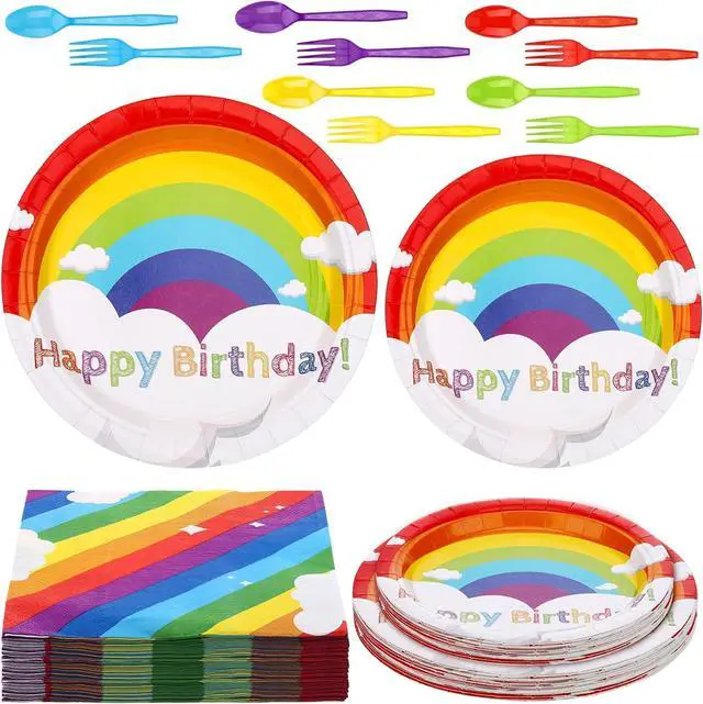 Main image of Jetec 240 Pcs Rainbow Birthday Party Supplies for 40 Guests, Colorful Disposable Tableware Set with Plates Napkins Cutlery, Easy Party Decorations for Birthday, Baby Shower, Rainbow Theme Celebration