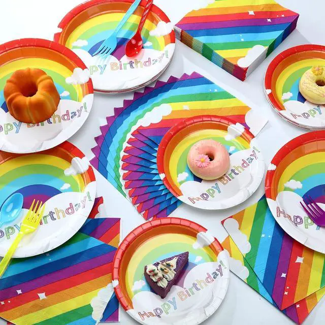 Alt view image 4 of 6 - Jetec 240 Pcs Rainbow Birthday Party Supplies for 40 Guests, Colorful Disposable Tableware Set with Plates Napkins Cutlery, Easy Party Decorations for Birthday, Baby Shower, Rainbow Theme Celebration