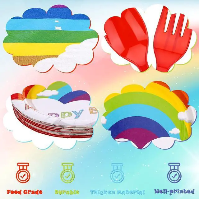 Alt view image 3 of 6 - Jetec 240 Pcs Rainbow Birthday Party Supplies for 40 Guests, Colorful Disposable Tableware Set with Plates Napkins Cutlery, Easy Party Decorations for Birthday, Baby Shower, Rainbow Theme Celebration
