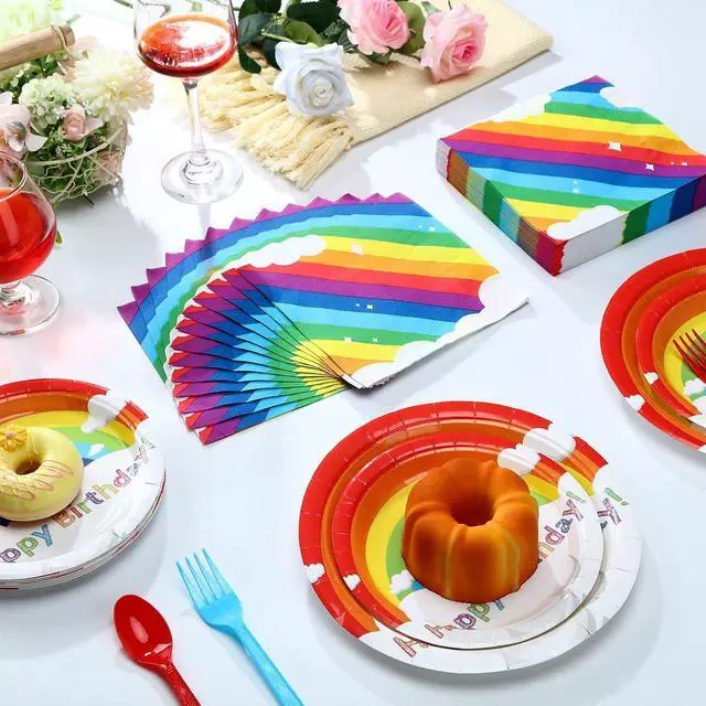 Alt view image 6 of 6 - Jetec 240 Pcs Rainbow Birthday Party Supplies for 40 Guests, Colorful Disposable Tableware Set with Plates Napkins Cutlery, Easy Party Decorations for Birthday, Baby Shower, Rainbow Theme Celebration