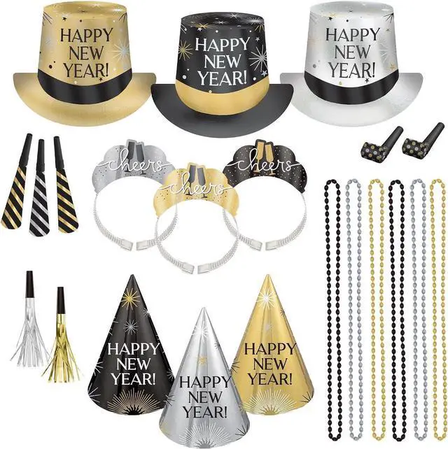 Amscan Party City New Years Eve Wearables and Noisemakers for 25 Guests, Party Supplies, Black, Gold and Silver, 75 Piece