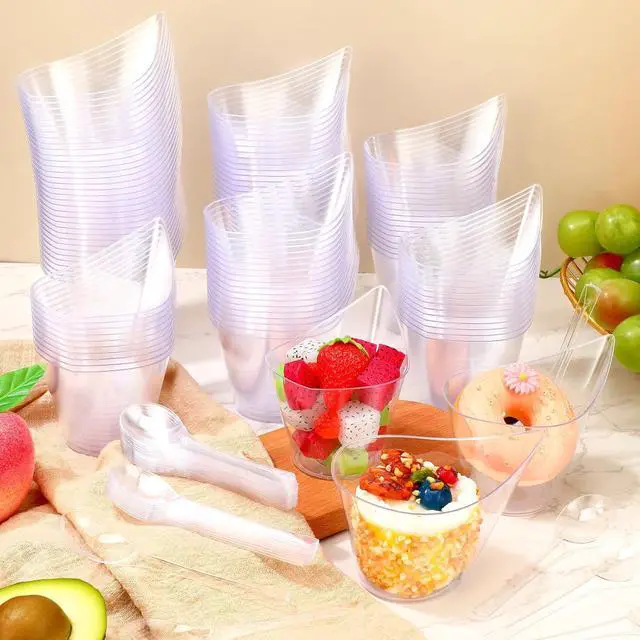 Alt view image 5 of 7 - 150 Pack 7 oz Clear Plastic Dessert Cups with Tasting Spoons, Appetizer Cups Yogurt Parfait Bowls with Spoons for Party Supplies Catering Chocolate Desserts Buffet Food Display