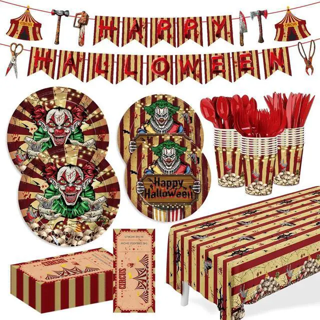 Main image of 170pcs Halloween Evil Circus Plates Napkins Party Decorations Banner Tablecloth Disposable Paper Cups Evil Circus Tableware Set Party Supplies for Kids Halloween Party Decor Serves 24