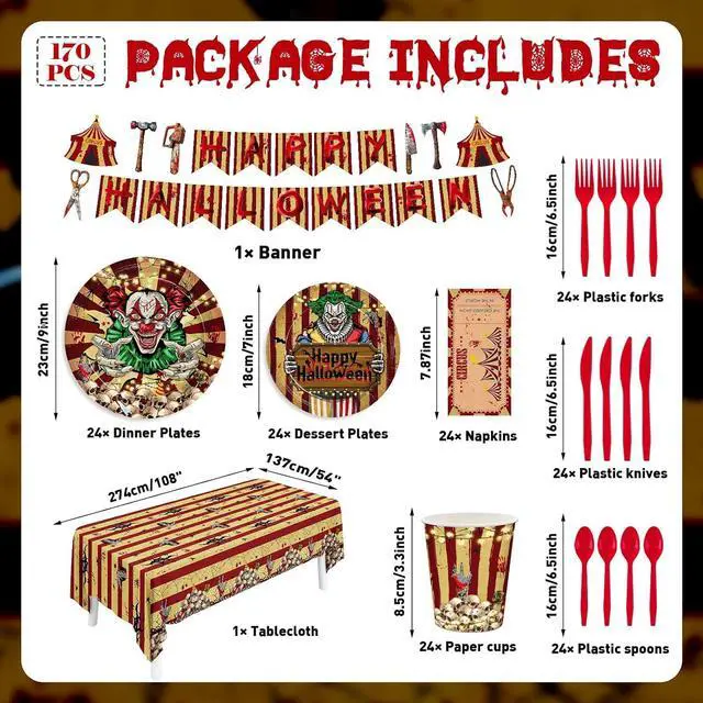 Alt view image 2 of 7 - 170pcs Halloween Evil Circus Plates Napkins Party Decorations Banner Tablecloth Disposable Paper Cups Evil Circus Tableware Set Party Supplies for Kids Halloween Party Decor Serves 24