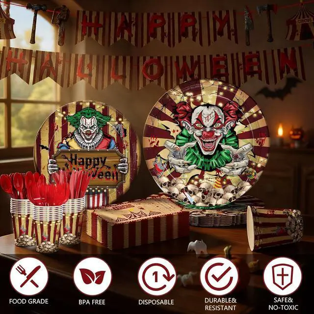 Alt view image 3 of 7 - 170pcs Halloween Evil Circus Plates Napkins Party Decorations Banner Tablecloth Disposable Paper Cups Evil Circus Tableware Set Party Supplies for Kids Halloween Party Decor Serves 24