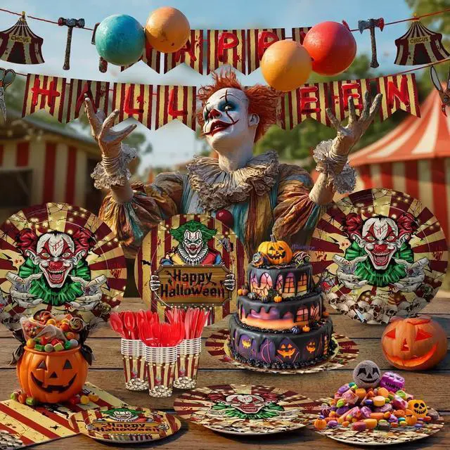 Alt view image 6 of 7 - 170pcs Halloween Evil Circus Plates Napkins Party Decorations Banner Tablecloth Disposable Paper Cups Evil Circus Tableware Set Party Supplies for Kids Halloween Party Decor Serves 24