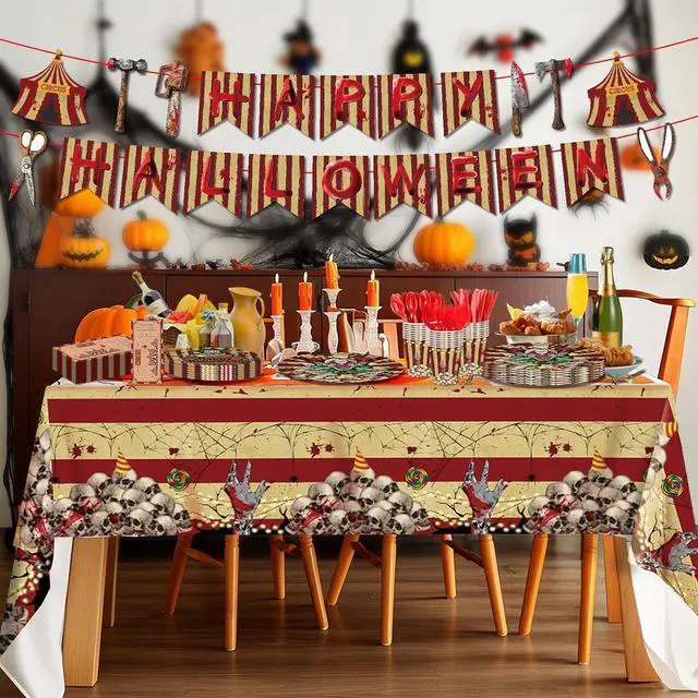 Alt view image 7 of 7 - 170pcs Halloween Evil Circus Plates Napkins Party Decorations Banner Tablecloth Disposable Paper Cups Evil Circus Tableware Set Party Supplies for Kids Halloween Party Decor Serves 24