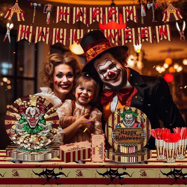 Alt view image 4 of 7 - 170pcs Halloween Evil Circus Plates Napkins Party Decorations Banner Tablecloth Disposable Paper Cups Evil Circus Tableware Set Party Supplies for Kids Halloween Party Decor Serves 24