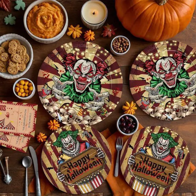 Alt view image 5 of 7 - 170pcs Halloween Evil Circus Plates Napkins Party Decorations Banner Tablecloth Disposable Paper Cups Evil Circus Tableware Set Party Supplies for Kids Halloween Party Decor Serves 24