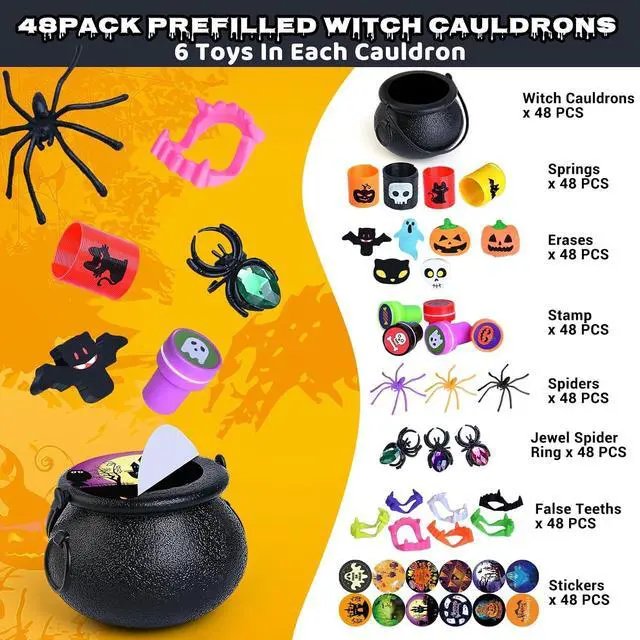 Alt view image 2 of 7 - Shemira 384 PCS Halloween Party Favors Bulk for Kids, 48 Pack Prefilled Witch Cauldrons with Halloween Toys, Halloween Goodie Bag Fillers, Halloween Party Supplies, Halloween Miniatures Novelty Toys