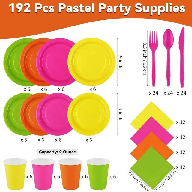 Main image of durony 192 Pcs Neon Party Supplies Paper Plates Cups Napkins Hard Plastic Cutlery Forks Knives Spoons Disposable Glow Party Tableware for Fiesta Neon Birthday Party Favor Decorations Serves 24 Guests