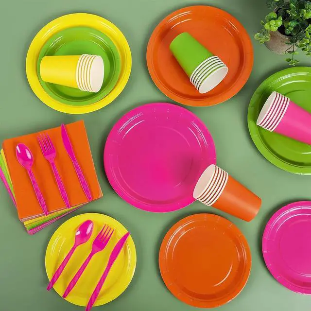 Alt view image 2 of 6 - durony 192 Pcs Neon Party Supplies Paper Plates Cups Napkins Hard Plastic Cutlery Forks Knives Spoons Disposable Glow Party Tableware for Fiesta Neon Birthday Party Favor Decorations Serves 24 Guests