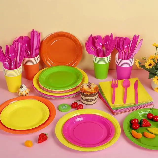Alt view image 3 of 6 - durony 192 Pcs Neon Party Supplies Paper Plates Cups Napkins Hard Plastic Cutlery Forks Knives Spoons Disposable Glow Party Tableware for Fiesta Neon Birthday Party Favor Decorations Serves 24 Guests