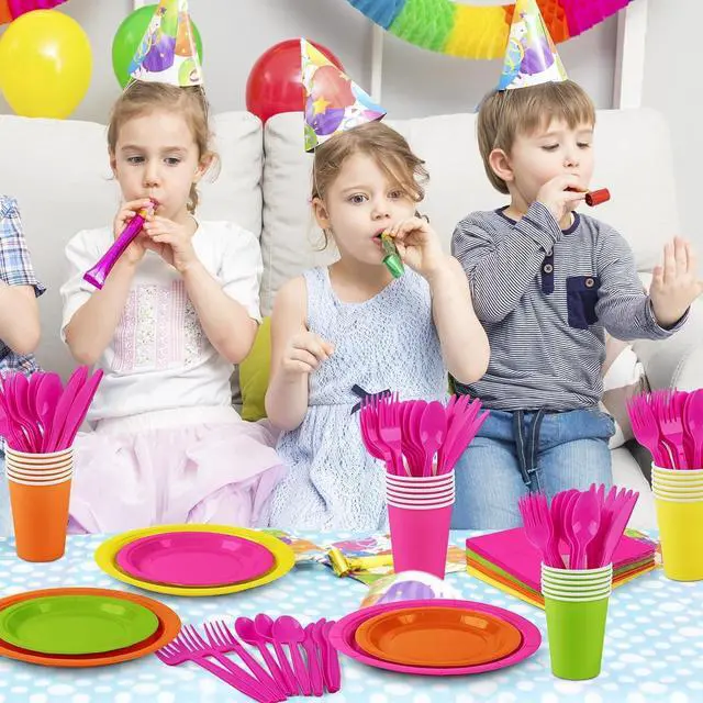 Alt view image 4 of 6 - durony 192 Pcs Neon Party Supplies Paper Plates Cups Napkins Hard Plastic Cutlery Forks Knives Spoons Disposable Glow Party Tableware for Fiesta Neon Birthday Party Favor Decorations Serves 24 Guests