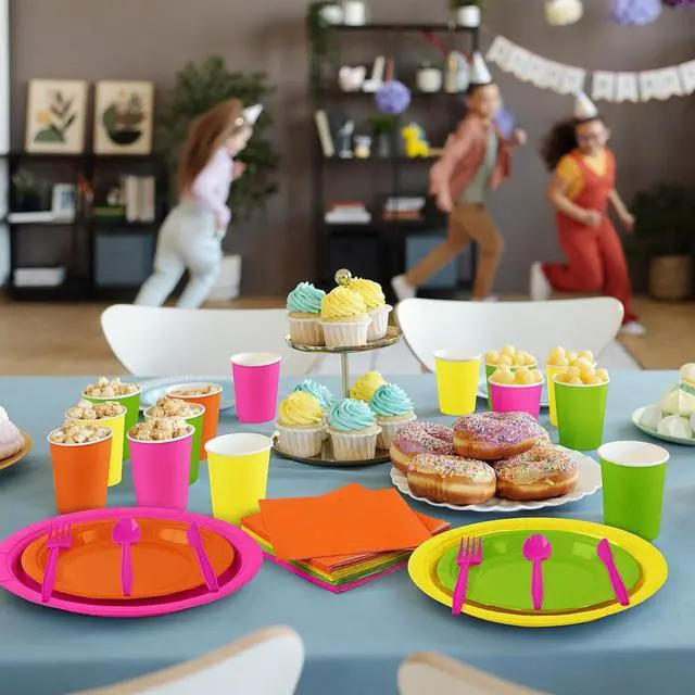 Alt view image 5 of 6 - durony 192 Pcs Neon Party Supplies Paper Plates Cups Napkins Hard Plastic Cutlery Forks Knives Spoons Disposable Glow Party Tableware for Fiesta Neon Birthday Party Favor Decorations Serves 24 Guests