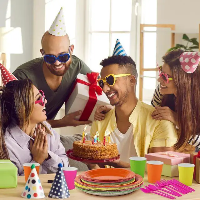 Alt view image 6 of 6 - durony 192 Pcs Neon Party Supplies Paper Plates Cups Napkins Hard Plastic Cutlery Forks Knives Spoons Disposable Glow Party Tableware for Fiesta Neon Birthday Party Favor Decorations Serves 24 Guests