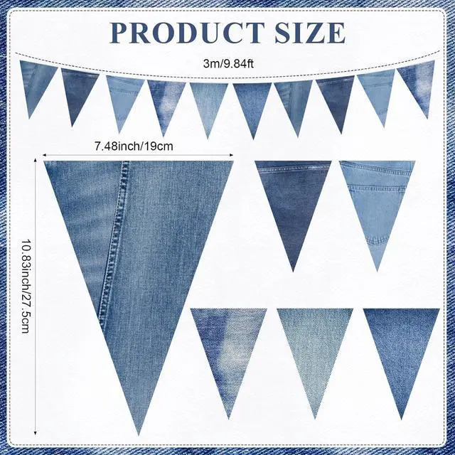Alt view image 2 of 7 - HESTYA 5 Pack 49 Ft Denim Pennant Banner, Blue Jean Theme Triangle Garland, Cowboy Western Party Decorations, Rustic Farmhouse Bunting for Baby Shower, Birthday, Graduation, Country Festival Supplies