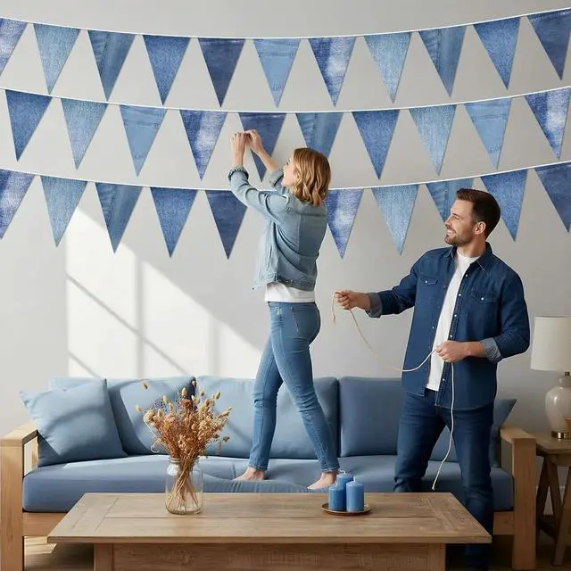 Alt view image 4 of 7 - HESTYA 5 Pack 49 Ft Denim Pennant Banner, Blue Jean Theme Triangle Garland, Cowboy Western Party Decorations, Rustic Farmhouse Bunting for Baby Shower, Birthday, Graduation, Country Festival Supplies