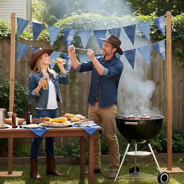 Alt view image 6 of 7 - HESTYA 5 Pack 49 Ft Denim Pennant Banner, Blue Jean Theme Triangle Garland, Cowboy Western Party Decorations, Rustic Farmhouse Bunting for Baby Shower, Birthday, Graduation, Country Festival Supplies
