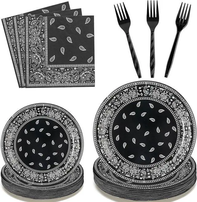 Main image of K1tpde 96PCS Cholo Bandana Party Tableware Set, Gangsta Theme Paper Plates, Western Cowboy Birthday Decorations Included Disposable Dinnerware Paper Napkins Forks, Cholo Bnadana Western Party Supplies