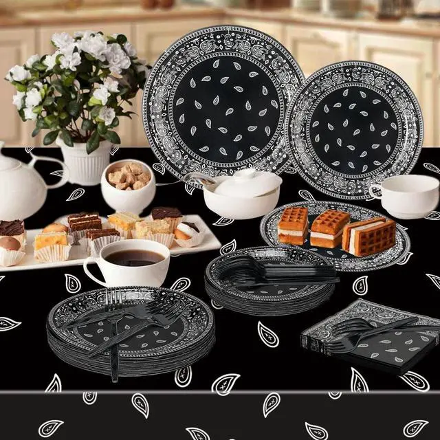 Alt view image 4 of 6 - K1tpde 96PCS Cholo Bandana Party Tableware Set, Gangsta Theme Paper Plates, Western Cowboy Birthday Decorations Included Disposable Dinnerware Paper Napkins Forks, Cholo Bnadana Western Party Supplies
