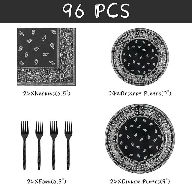 Alt view image 2 of 6 - K1tpde 96PCS Cholo Bandana Party Tableware Set, Gangsta Theme Paper Plates, Western Cowboy Birthday Decorations Included Disposable Dinnerware Paper Napkins Forks, Cholo Bnadana Western Party Supplies