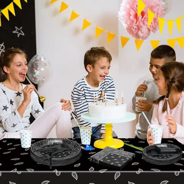 Alt view image 5 of 6 - K1tpde 96PCS Cholo Bandana Party Tableware Set, Gangsta Theme Paper Plates, Western Cowboy Birthday Decorations Included Disposable Dinnerware Paper Napkins Forks, Cholo Bnadana Western Party Supplies