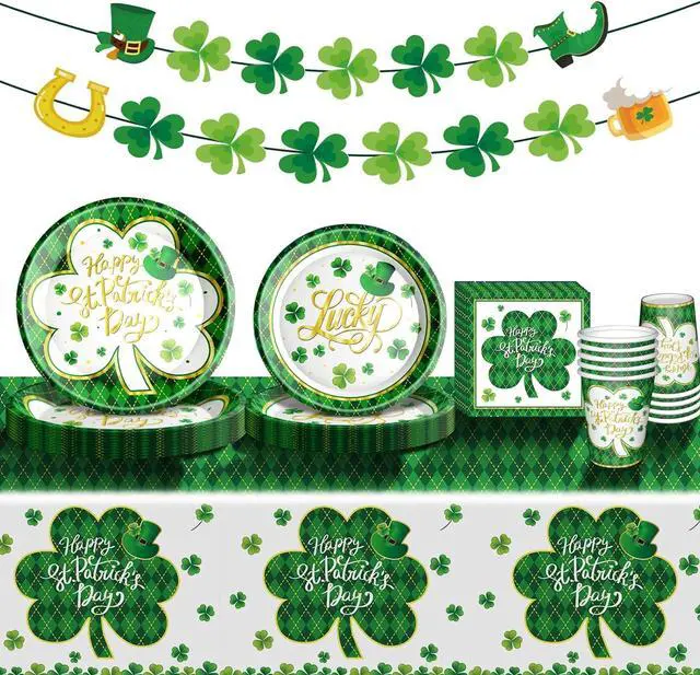 Main image of St. Patrick's Day Party Supplies Tableware Set Irish Themed Tableware with Lucky Shamrock Paper Plates Napkins Cups Tablecloth Banner for St. Patrick's Day Party Decorations, Serves 24