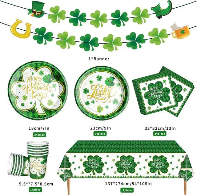 Alt view image 2 of 7 - St. Patrick's Day Party Supplies Tableware Set Irish Themed Tableware with Lucky Shamrock Paper Plates Napkins Cups Tablecloth Banner for St. Patrick's Day Party Decorations, Serves 24