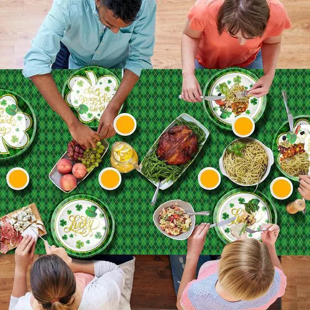 Alt view image 3 of 7 - St. Patrick's Day Party Supplies Tableware Set Irish Themed Tableware with Lucky Shamrock Paper Plates Napkins Cups Tablecloth Banner for St. Patrick's Day Party Decorations, Serves 24