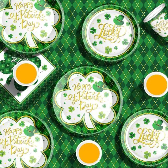 Alt view image 4 of 7 - St. Patrick's Day Party Supplies Tableware Set Irish Themed Tableware with Lucky Shamrock Paper Plates Napkins Cups Tablecloth Banner for St. Patrick's Day Party Decorations, Serves 24