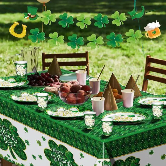 Alt view image 5 of 7 - St. Patrick's Day Party Supplies Tableware Set Irish Themed Tableware with Lucky Shamrock Paper Plates Napkins Cups Tablecloth Banner for St. Patrick's Day Party Decorations, Serves 24