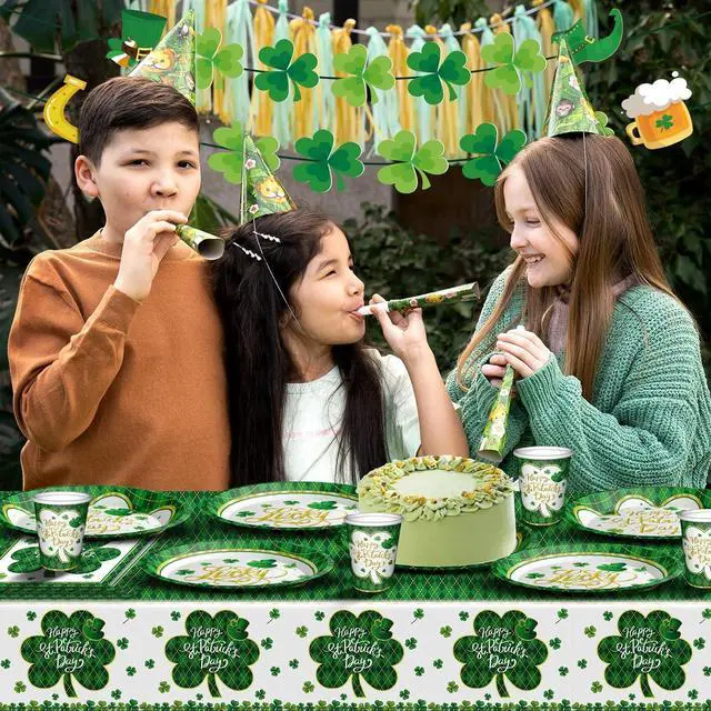 Alt view image 6 of 7 - St. Patrick's Day Party Supplies Tableware Set Irish Themed Tableware with Lucky Shamrock Paper Plates Napkins Cups Tablecloth Banner for St. Patrick's Day Party Decorations, Serves 24