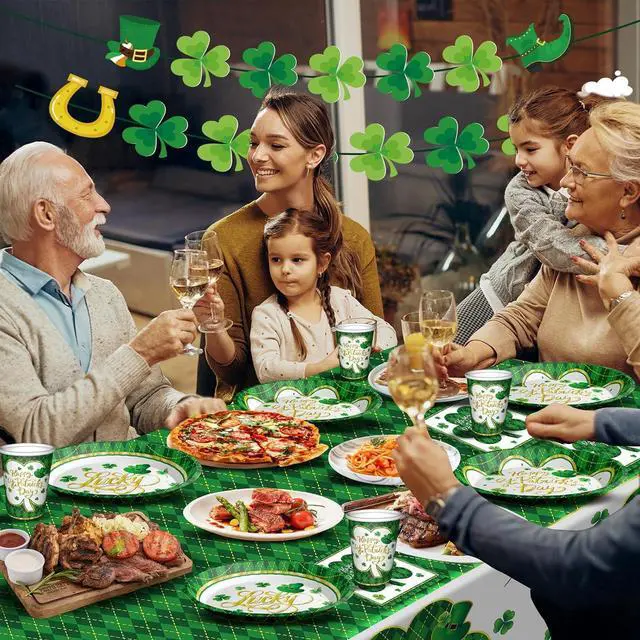 Alt view image 7 of 7 - St. Patrick's Day Party Supplies Tableware Set Irish Themed Tableware with Lucky Shamrock Paper Plates Napkins Cups Tablecloth Banner for St. Patrick's Day Party Decorations, Serves 24