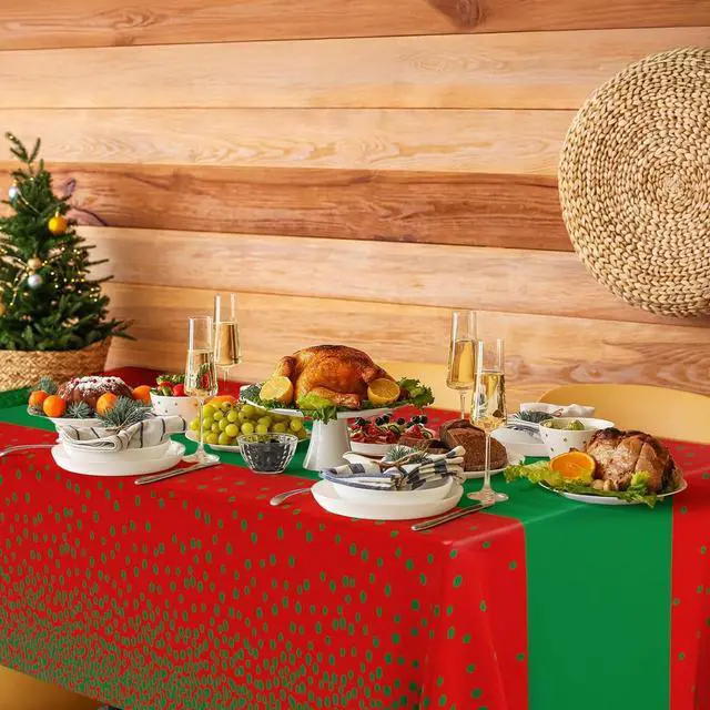 Alt view image 5 of 6 - Oudain 6 Pcs Red and Green Tablecloth for Parties Plastic Dot Tablecloths Printed Table Runner Waterproof Disposable Rectangle Table Cover for Christmas Birthday Wedding Party, 54" x 108"