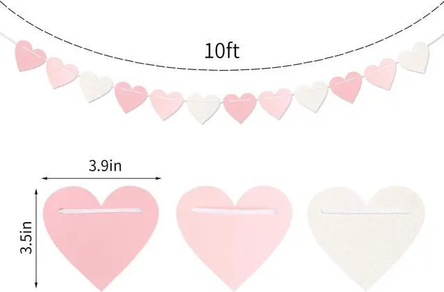 Alt view image 2 of 7 - Pink-White Girls Birthday Party-Decorations Streamers-Garland - 40Ft Heart Galentines Hanging Paper Banner,Valentines Baby Bridal Shower Bachelorette Anniversary Mothers Day Supplies Decor Ouruola
