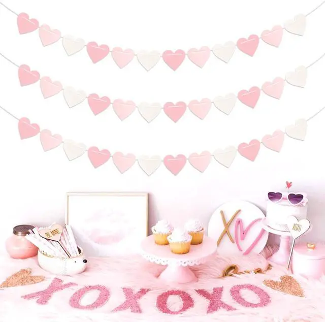 Alt view image 4 of 7 - Pink-White Girls Birthday Party-Decorations Streamers-Garland - 40Ft Heart Galentines Hanging Paper Banner,Valentines Baby Bridal Shower Bachelorette Anniversary Mothers Day Supplies Decor Ouruola