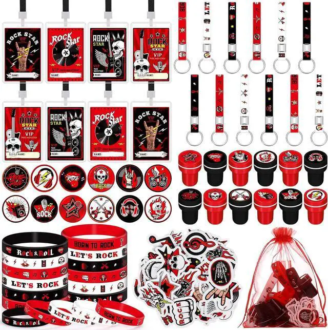 Main image of Blosssound 122 Pcs Rock and Roll Party Favors with Rock Star Silicone Bracelets VIP Pass Badges Stampers Keychains Stickers for 80s 90s Music Theme Birthday Baby Shower Party Supplies Decorations