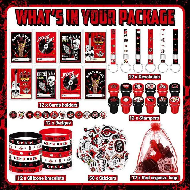 Alt view image 2 of 6 - Blosssound 122 Pcs Rock and Roll Party Favors with Rock Star Silicone Bracelets VIP Pass Badges Stampers Keychains Stickers for 80s 90s Music Theme Birthday Baby Shower Party Supplies Decorations