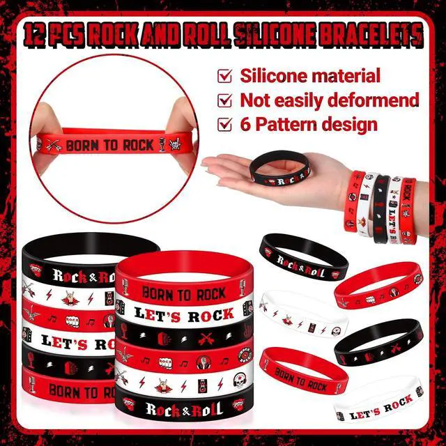 Alt view image 4 of 6 - Blosssound 122 Pcs Rock and Roll Party Favors with Rock Star Silicone Bracelets VIP Pass Badges Stampers Keychains Stickers for 80s 90s Music Theme Birthday Baby Shower Party Supplies Decorations
