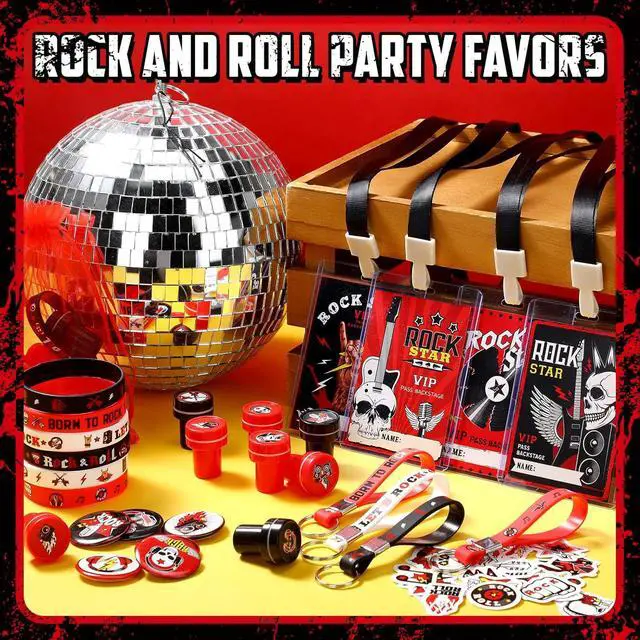Alt view image 3 of 6 - Blosssound 122 Pcs Rock and Roll Party Favors with Rock Star Silicone Bracelets VIP Pass Badges Stampers Keychains Stickers for 80s 90s Music Theme Birthday Baby Shower Party Supplies Decorations