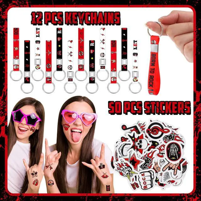 Alt view image 5 of 6 - Blosssound 122 Pcs Rock and Roll Party Favors with Rock Star Silicone Bracelets VIP Pass Badges Stampers Keychains Stickers for 80s 90s Music Theme Birthday Baby Shower Party Supplies Decorations