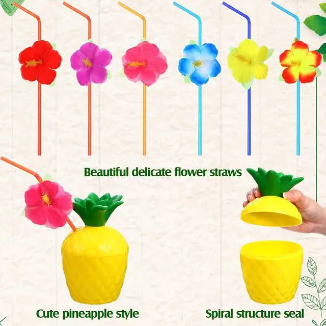 Alt view image 3 of 5 - CHENGU 24 Pieces Pineapple Cups Plastic Pineapple Drink Cups with Lids and Flower Straws for Hawaii Luau Party Tropical Fruit Themed Beach Party Supplies Decoration