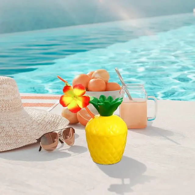 Alt view image 4 of 5 - CHENGU 24 Pieces Pineapple Cups Plastic Pineapple Drink Cups with Lids and Flower Straws for Hawaii Luau Party Tropical Fruit Themed Beach Party Supplies Decoration