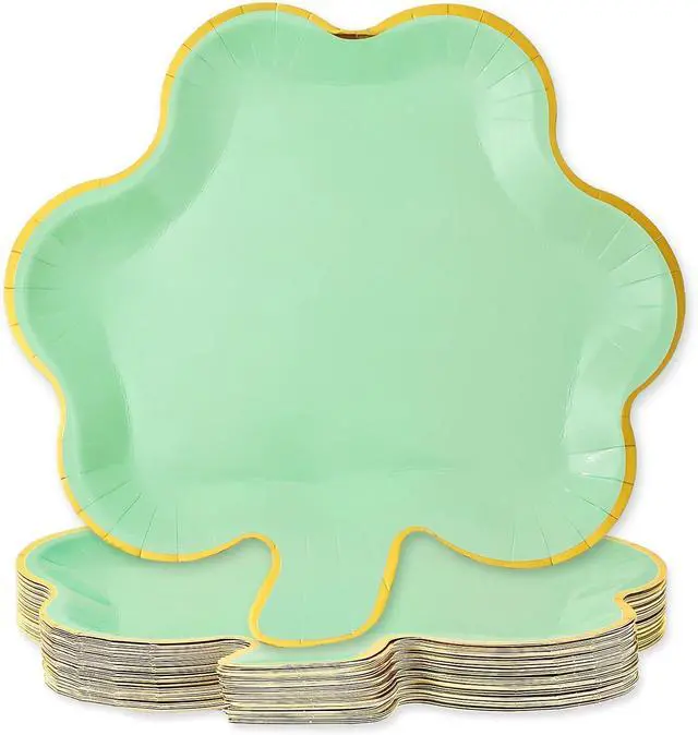 Main image of Whaline 40Pcs St. Patrick's Day Paper Plates Mint Green Shamrock Shaped Disposable Plates Gold Foil Edged Dinnerware Plates for Irish Holiday Party Supplies Table Decor, 9.1x8.7 in